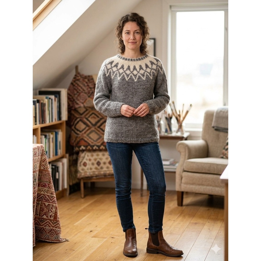 J. Davidsson Icelandic Wool Sweater Grey Cream Fair Isle Yoke Knit Womens Medium